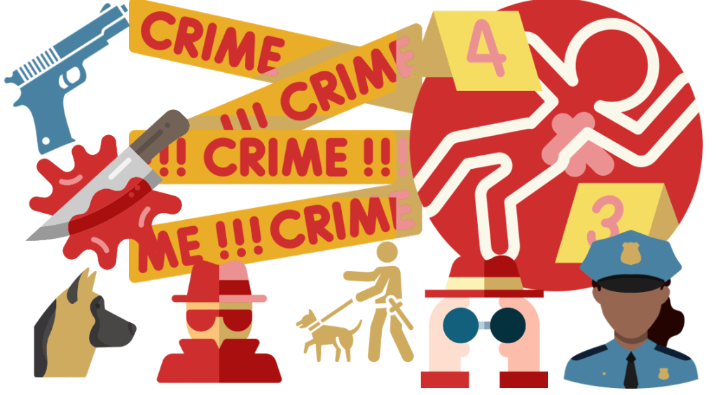 Image shows a variety of crime-related icons, such as a gun, crime scene tape and evidence markers in the colors of the site.